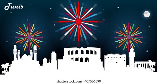 Tunis Tunisia skyline silhouette, dark night sky with fireworks vector design