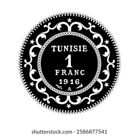 Tunisia 1 franc vector coin on white isolated background. Reverse of Tunisia 1 franc coin. The coin is depicted in black and white. Vector illustration.