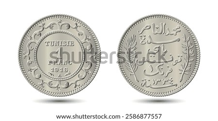 Tunisia 1 franc vector coin on white isolated background. Obverse and reverse of Tunisia 1 franc coin. Vector illustration.