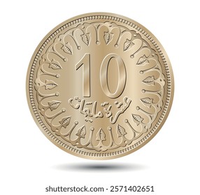 Tunisia 10 millim vector coin on white isolated background. Reverse of Tunisia ten millim coin. Vector illustration.