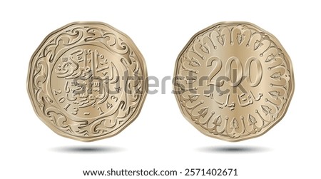 Tunisia 200 millim vector coin on white isolated background. Reverse and obverse of Tunisia two hundred millim coin. Vector illustration.