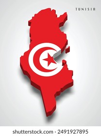 Tunisia 3d map with national flag on grey background
