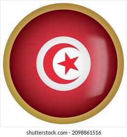Tunisia 3D rounded Flag Button Icon with Gold Frame