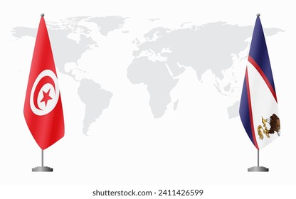Tunisia and American Samoa flags for official meeting against background of world map.