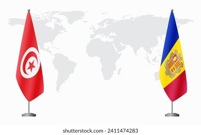 Tunisia and Andorra flags for official meeting against background of world map.