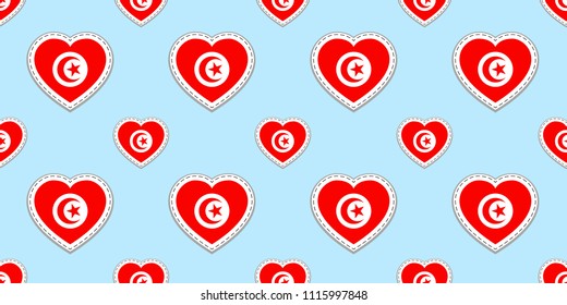 Tunisia background. Tunisian flag seamless pattern. Vector sticker. Love hearts symbols. Good choice for sports pages, travel, school geographic, cartographic elements. Traditional patriotic wallpaper