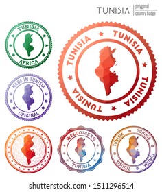 Tunisia badge. Colorful polygonal country symbol. Multicolored geometric Tunisia logos set. Vector illustration.