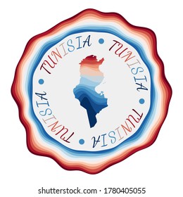 Tunisia badge. Map of the country with beautiful geometric waves and vibrant red blue frame. Vivid round Tunisia logo. Vector illustration.