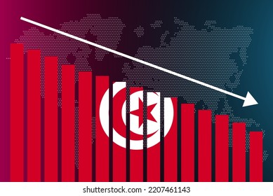 Tunisia bar chart graph, decreasing values, crisis and downgrade concept, Tunisia flag on bar graph, down arrow on data, news banner idea, fail and decrease, financial statistic