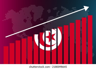 Tunesien-Balkendiagramm, steigende Werte, Länderstatistik-Konzept, Tunesien-Länderflagge auf Bargraphographie, aufsteigender Pfeil auf Daten, Idee von Nachrichtenbannern