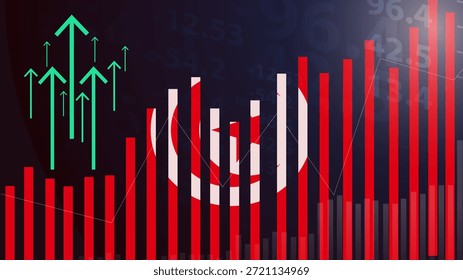 Túnez gráfico de barras con altibajos, valores crecientes, bandera del país de Túnez en el gráfico de barras, flecha ascendente hacia arriba en los datos, idea de Anuncio de noticias, concepto de país en desarrollo