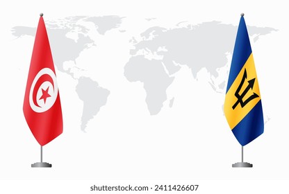 Tunisia and Barbados flags for official meeting against background of world map.