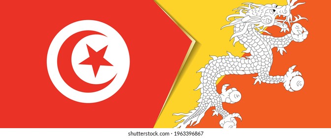 Tunisia and Bhutan flags, two vector flags symbol of relationship or confrontation.