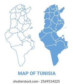 Tunisia Blue map flat regions border outline vector illustration