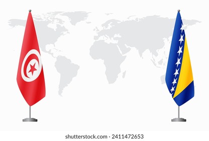 Tunisia and Bosnia and Herzegovina flags for official meeting against background of world map.