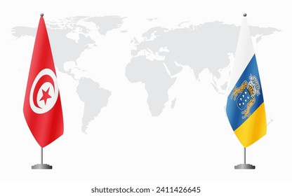 Tunisia and Canary Islands flags for official meeting against background of world map.