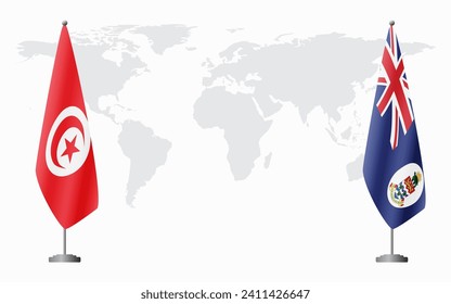 Tunisia and Cayman Islands flags for official meeting against background of world map.