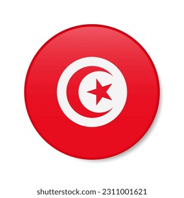 Tunisia circle button icon. Tunisian round badge flag with shadow. 3D realistic vector illustration isolated on white.