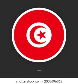 Tunisia circle flag icon with white border on dark grey background. Tunisian button flag icon isolated on barely dark background.