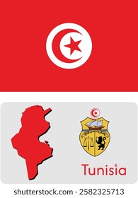 Tunisia coat of arms, seal or national emblem a. Government Arms. Flag of Tunisia. The official flag of the Republic of Tunisia, a North African state. Texture map. Vector crescent moon with star