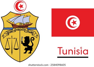 Tunisia coat of arms, seal or national emblem. Government Arms. Flag of Tunisia. The official flag of the Republic of Tunisia, a North African state. Vector crescent moon with star