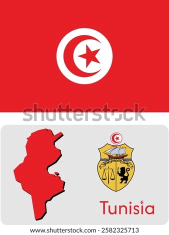 Tunisia coat of arms, seal or national emblem a. Government Arms. Flag of Tunisia. The official flag of the Republic of Tunisia, a North African state. Texture map. Vector crescent moon with star