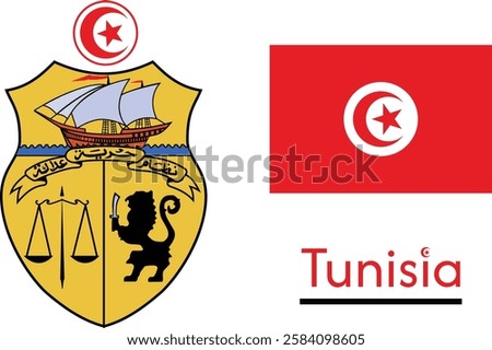 Tunisia coat of arms, seal or national emblem. Government Arms. Flag of Tunisia. The official flag of the Republic of Tunisia, a North African state. Vector crescent moon with star