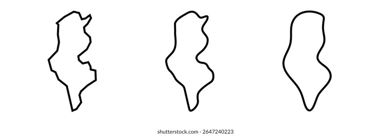 Tunisia country black outline silhouettes in three different levels of smoothness. Simplified maps. Vector icons isolated on white background.