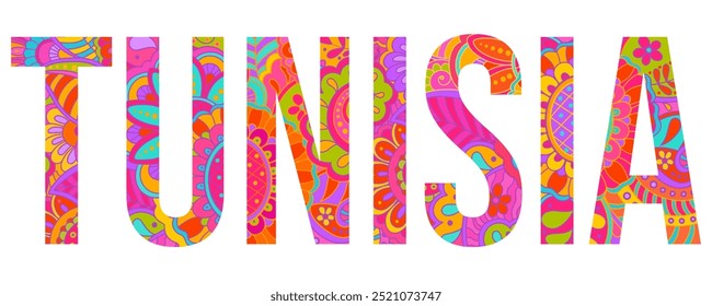 Tunisia country creative text design filled with colorful doodle pattern	