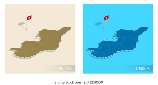 Tunisia country flag installed on geographic positioning map point of country territory. Tunisian commonwealth banner on land and sea. Festive patriotic HD format template for independence day