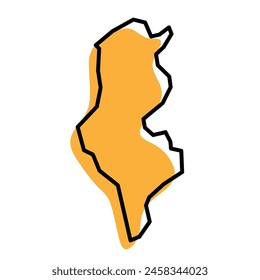 Tunisia country simplified map. Orange silhouette with thick black sharp contour outline isolated on white background. Simple vector icon