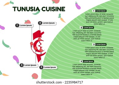 Tunisia cuisine infographic, popular or cultural food concept, traditional Tunisia kitchen, vector layout and template, famous food locations, banner idea with flag and map