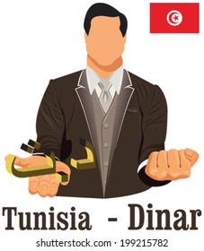 Tunisia currency symbol dinar representing money and Flag. Vector design concept of businessman in suit with his open hand over with currency isolated on white background in EPS10.