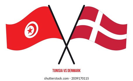 Tunisia and Denmark Flags Crossed And Waving Flat Style. Official Proportion. Correct Colors.