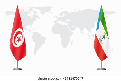 Banderas de Túnez y Guinea Ecuatorial para una reunión oficial en el fondo del mapa mundial.