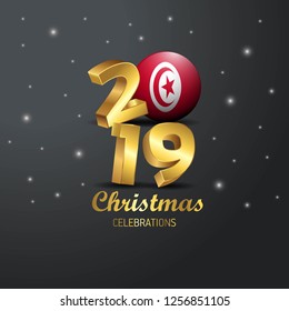 Tunisia Flag 2019 Merry Christmas Typography. New Year Abstract Celebration background