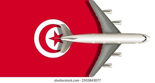 Tunisia flag with airplane flying over it close up. Vector image.
