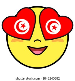 Tunisia flag button. Patriotic smile in hearts glasses. Emoji icon isolated on white background.