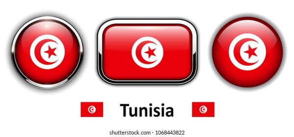 Tunisia flag buttons, 3d shiny vector icons.