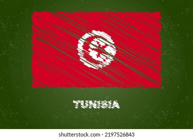 Tunisia flag with chalk effect on green chalkboard, hand drawing country flag concept, green blackboard with Tunisia flag, chalk texture, flag for kids, classroom material