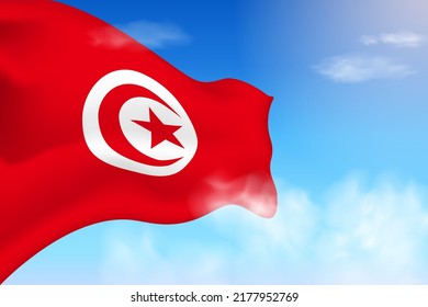 Tunisia flag in the clouds. Vector flag waving in the sky. National day realistic flag illustration. Blue sky vector.