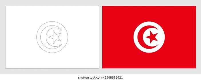 Tunisia flag - coloring page. Set of white wireframe thin black outline flag and original colored flag.