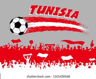 Tunisia flag colors with soccer ball and Tunisian supporters silhouettes. All the objects, brush strokes and silhouettes are in different layers and the text types do not need any font. 