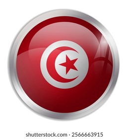 Tunisia flag - glossy circle button displays a colorful flag representing a country cultural identity and heritage. The essence of national pride and unity.