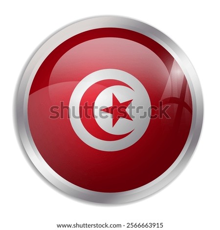 Tunisia flag - glossy circle button displays a colorful flag representing a country cultural identity and heritage. The essence of national pride and unity.