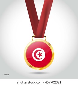 Tunisia Flag in gold Medal. Vector Illustration. RIO Olympic Game gold Medal. Vector Illustration