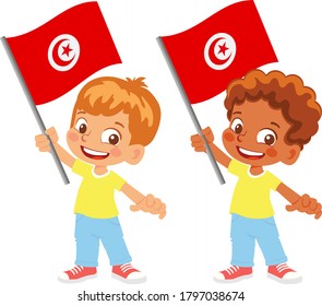 Tunisia flag in hand. Children holding flag. National flag of Tunisia vector