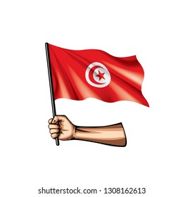 Tunisia flag and hand on white background. Vector illustration
