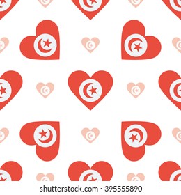 Tunisia flag heart seamless pattern. Patriotic Tunisia flag background. Country flag in the shape of heart. Vector seamless pattern.