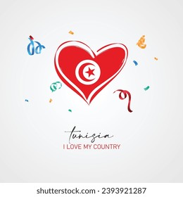 Tunisia flag with a heart shape, with I love my country slogan for Tunisia Independence Day. Vector illustration.